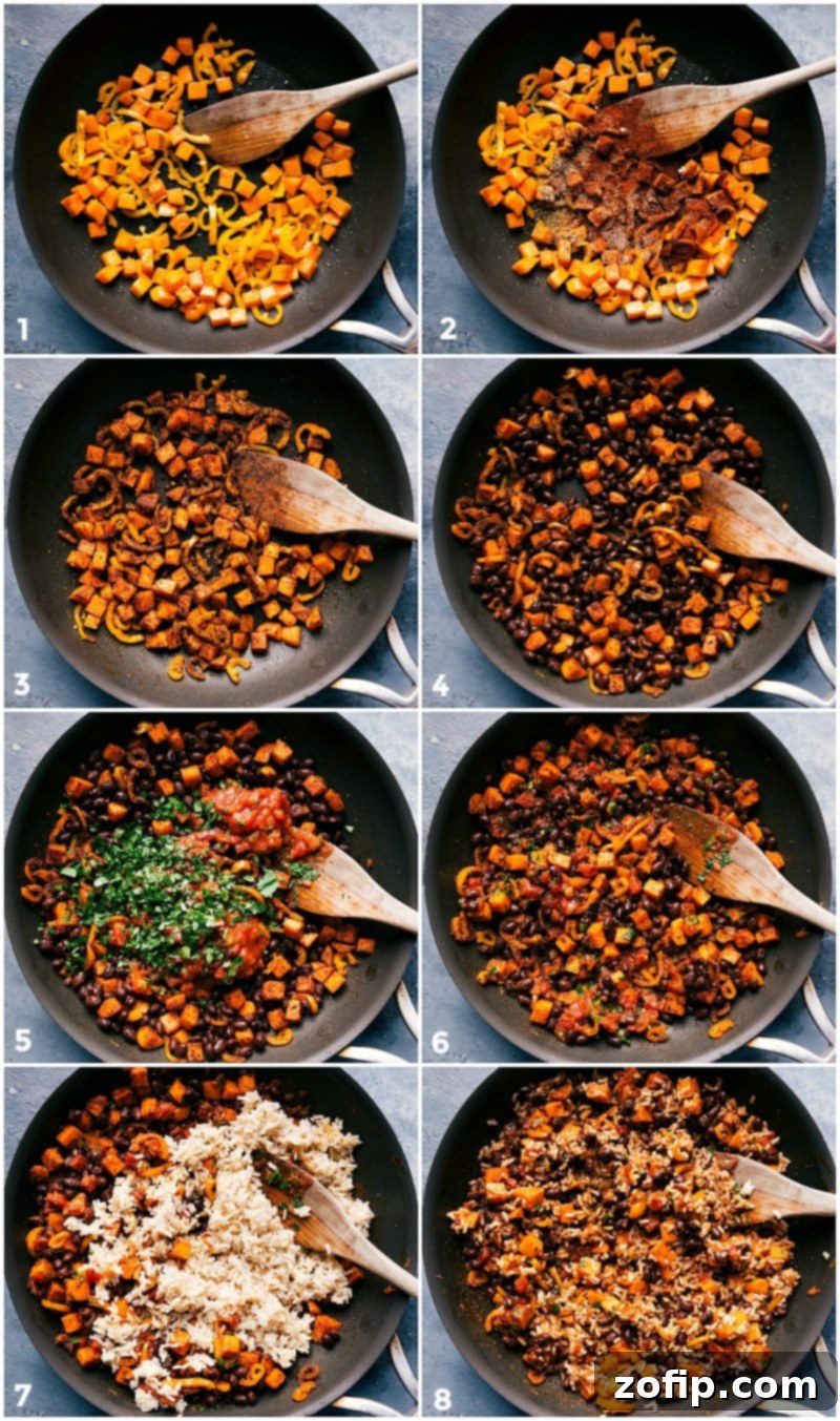 The process of preparing the flavorful filling for Sweet Potato And Black Bean Enchiladas, combining cooked sweet potatoes, black beans, seasonings, and salsa in a large skillet.