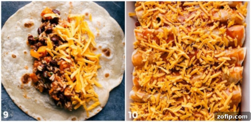 Preparing enchiladas, laying the flavorful sweet potato and black bean filling into tortillas, and arranging them in a casserole dish before baking.