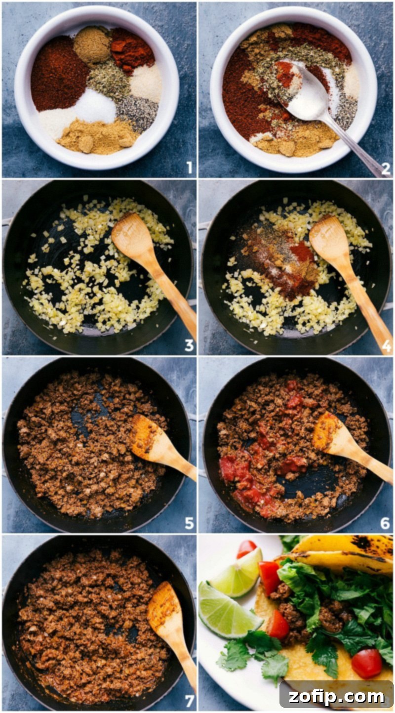 Zesty Turkey Taco Night 3 Creation of a flavorful seasoning mix followed by its incorporation into sautéed onions and garlic, followed by cooking the meat and assembling it on tacos.