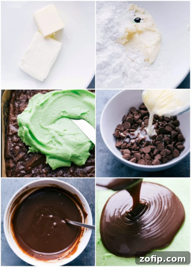 The detailed preparation process showing light green mint frosting being made and rich chocolate being melted to create the ganache topping for the multi-layered mint chocolate brownies.