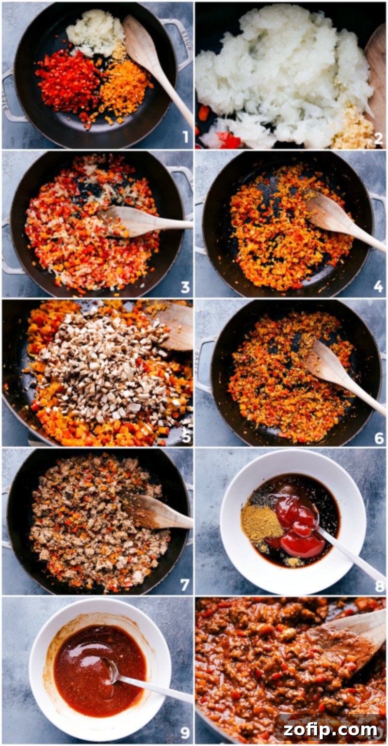 Cooking lean ground turkey and finely chopped vegetables like onion, garlic, carrot, and bell pepper in a large pan for healthy sloppy joes.