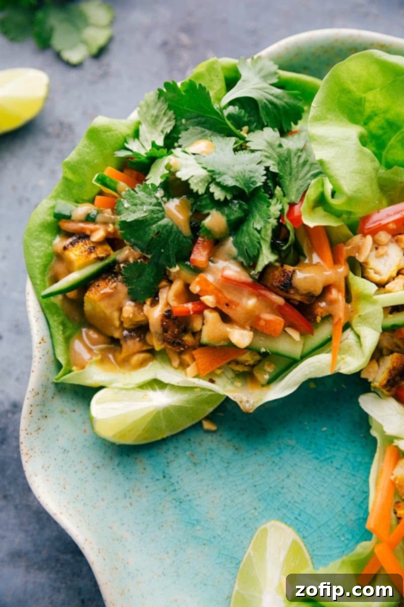 Vibrant plate of Peanut Chicken Lettuce Wraps, showcasing crisp lettuce cups generously filled with savory chicken and drizzled with creamy peanut sauce.