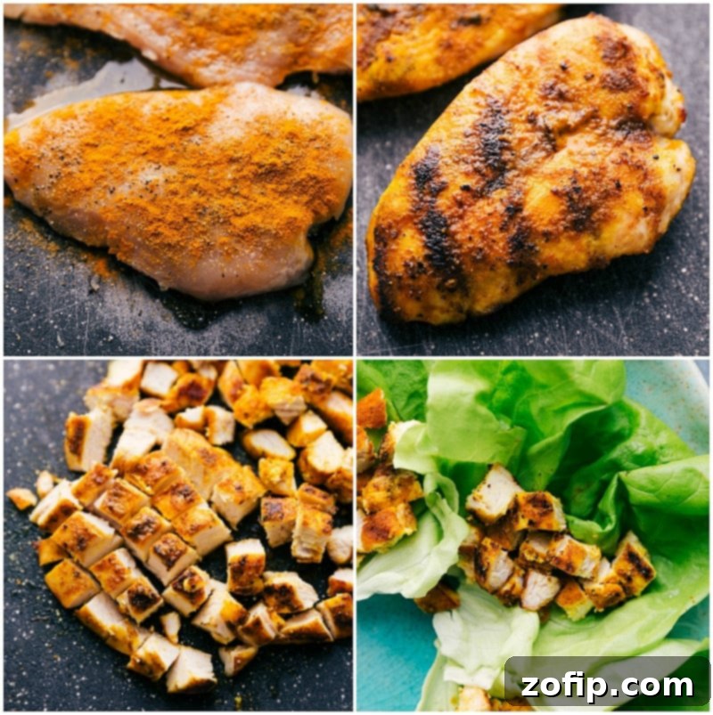 A visual progression showing raw boneless, skinless chicken breast, then sautéed chicken pieces, followed by chopped chicken, ready to be incorporated into a salad or wrap.
