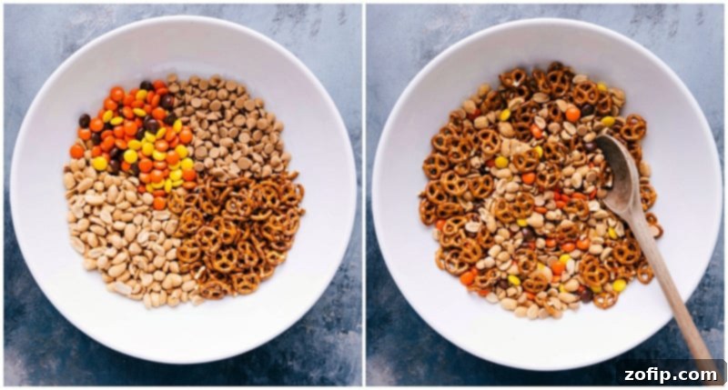 Ingredients for peanut lover's trail mix, featuring chocolate chips or chunks, chocolate-covered pretzels, white chocolate chips, mini reese's cups, and cocoa-roasted almonds.