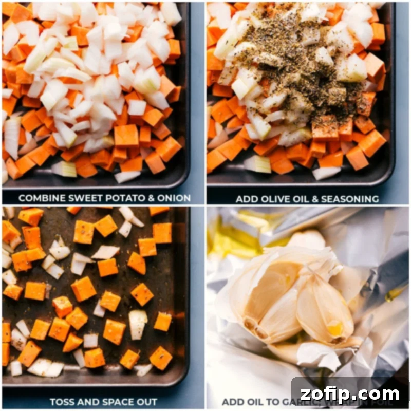 Process shots of seasoning and roasting sweet potatoes, onions, garlic, and olive oil on a sheet pan