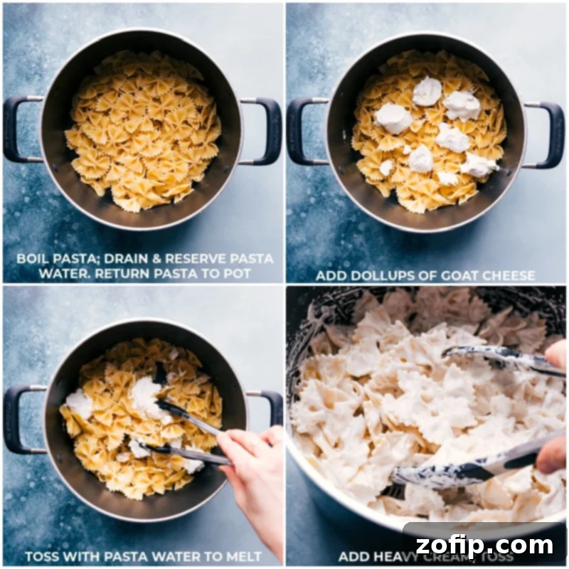 Process shots of hot pasta being tossed with goat cheese and heavy cream to create a luscious, creamy sauce