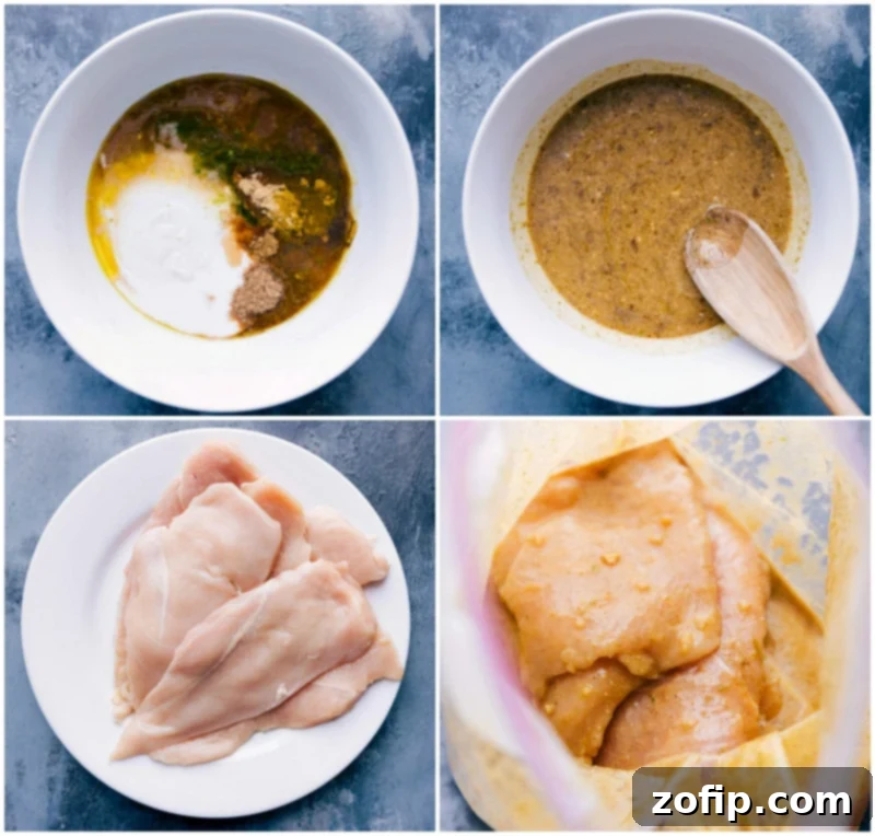 Step-by-step preparation of the curry marinade with fresh ingredients, showing chicken pieces submerged in the vibrant liquid within a sealed plastic bag, ready to absorb deep flavors.