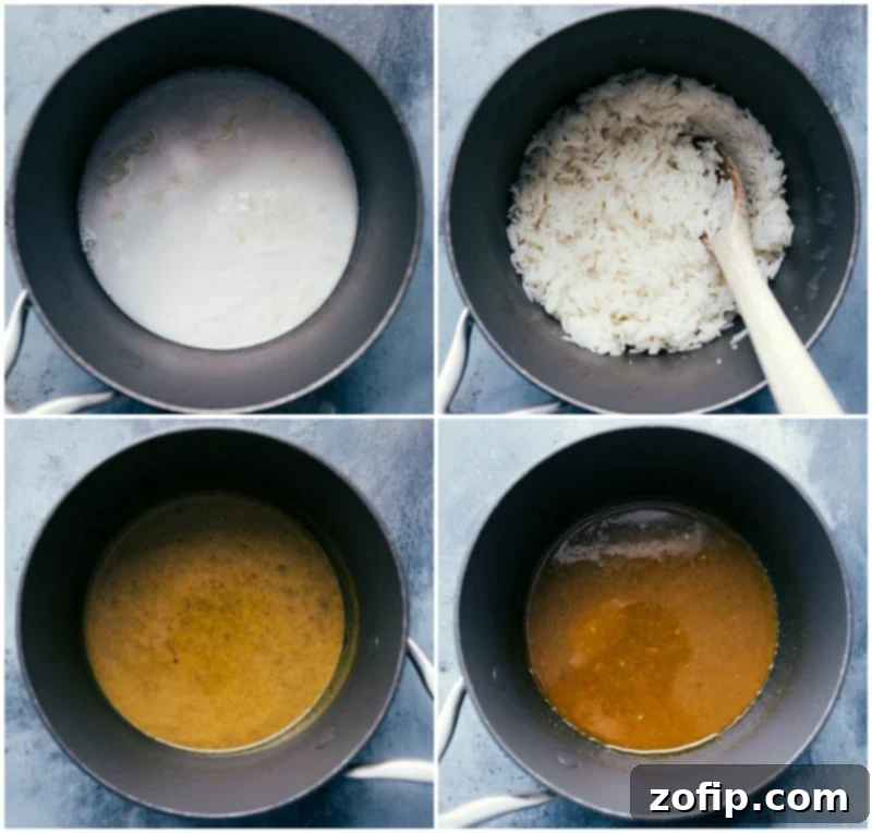 The process of crafting creamy, aromatic coconut rice alongside the simmering of a rich, golden curry sauce in separate pots, both meticulously prepared to perfectly complement the grilled curry chicken.