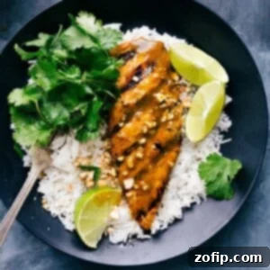 Savory grilled curry chicken atop a bed of fluffy coconut rice, garnished with fresh herbs, ready to be served from the recipe card.