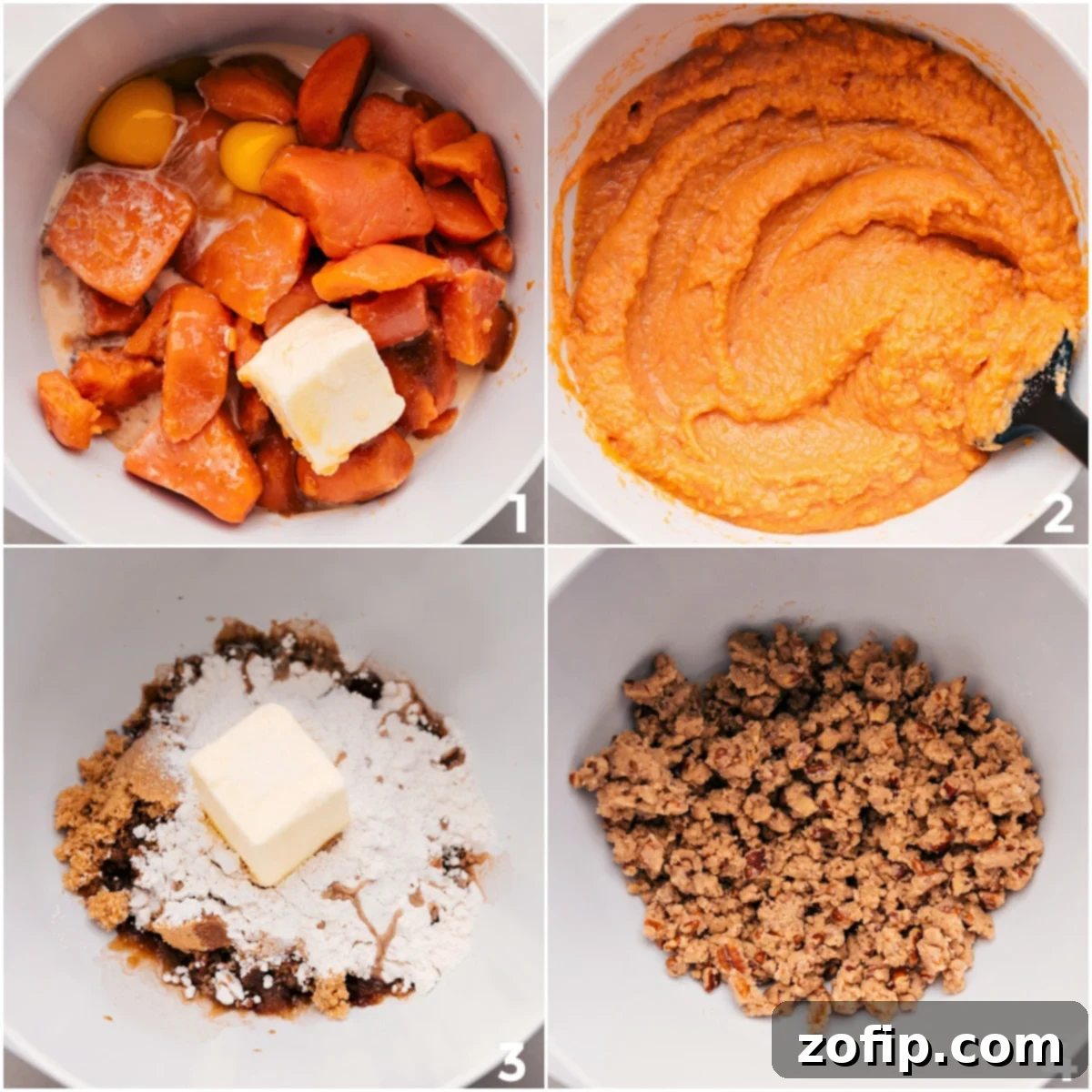 All the filling ingredients are mixed together smoothly, and the topping is combined separately and crumply, ready to be layered.