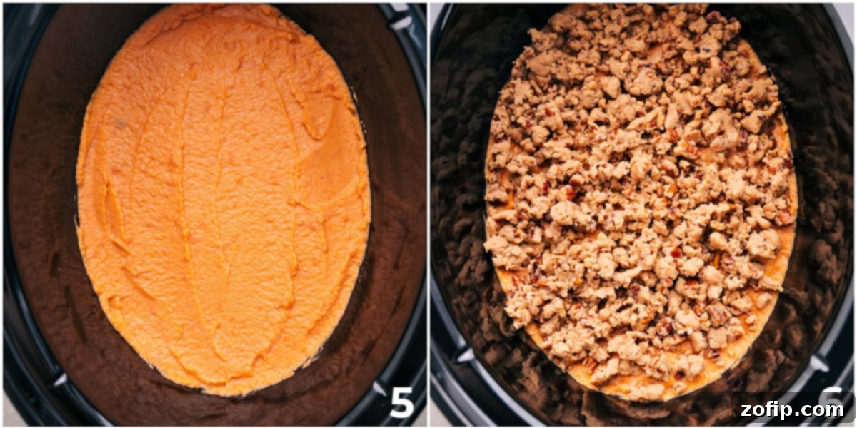 Adding all the mixed sweet potato filling and topping to the slow cooker to begin cooking.