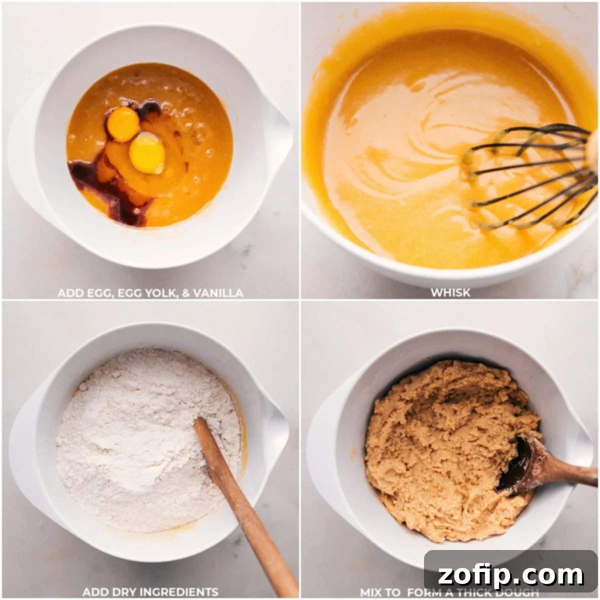 Eggs, egg yolk, and vanilla being incorporated into the dry ingredients, forming the perfect, smooth snickerdoodle batter.