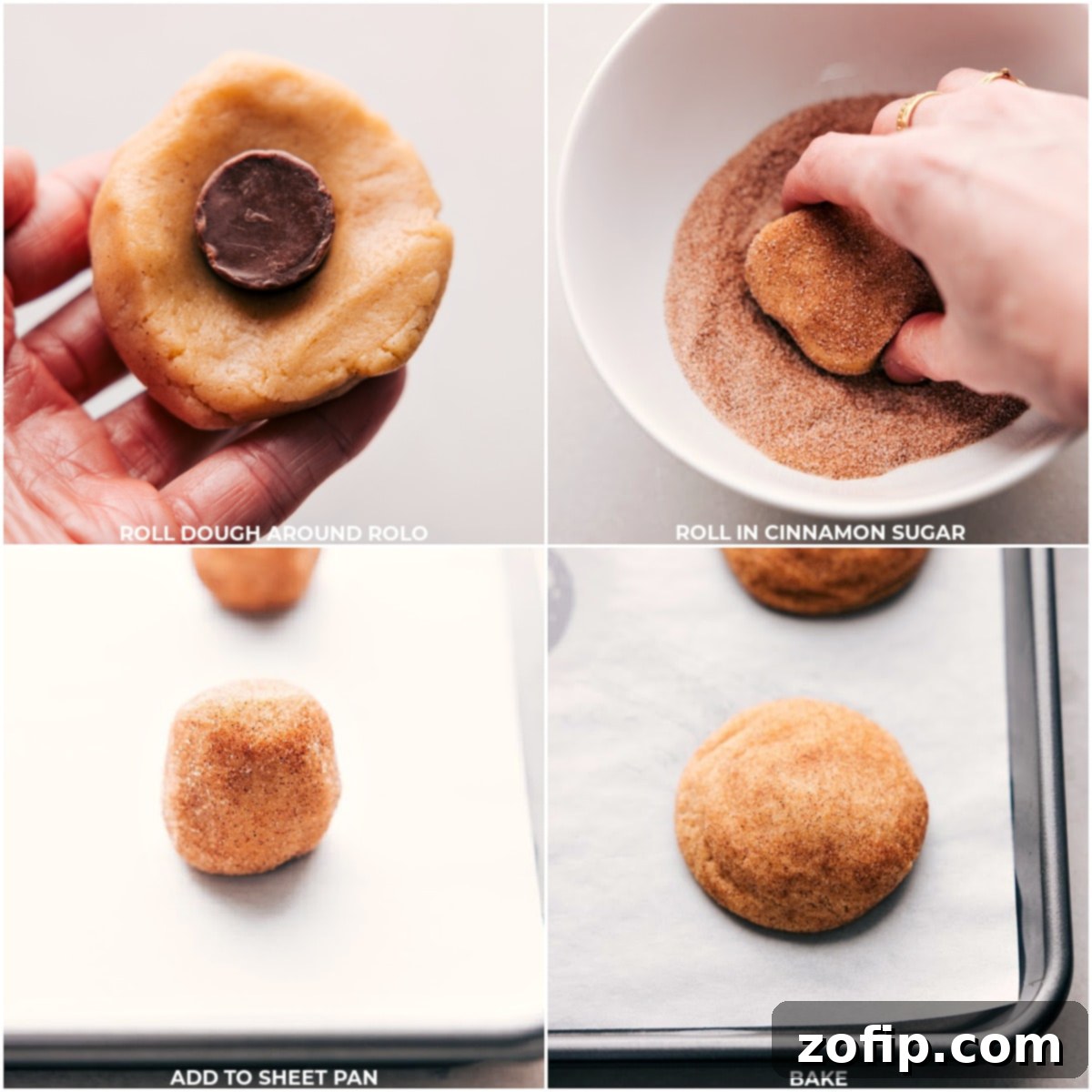 Rolo candies being carefully placed in the center of caramel snickerdoodle dough balls before baking, followed by the cookies baking to golden perfection on a sheet pan.