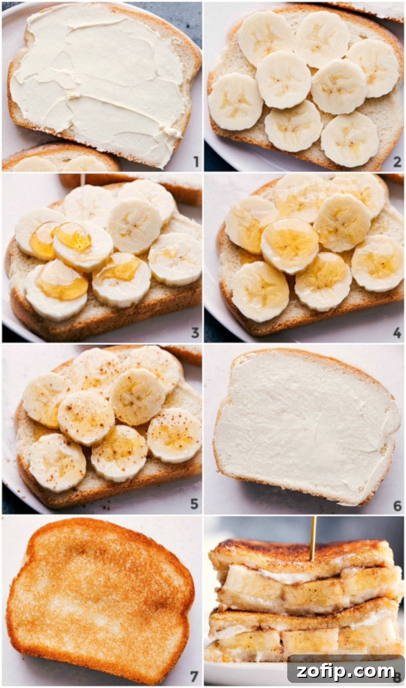 Honestly good enough to pass as a dessert! It all starts with rich buttered brioche bread that is covered in creamy mascarpone cheese with thick banana slices, a drizzle of honey, and a sprinkle of cinnamon. The bread and bananas get caramelized as they're grilled, which results in an explosion of flavor and the perfect sweetness. Recipe via chelseasmessyapron #healthy #whole #breakfast #snack #best #quick #easy #bread #honey #banana #sandwich Process shots showing mascarpone spread, banana slices, honey drizzle, cinnamon sprinkle, and the sandwich grilling to a perfect golden brown.