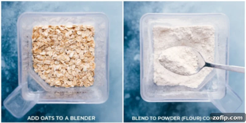 Process images showing how to prepare oat flour from old-fashioned oats using a blender.