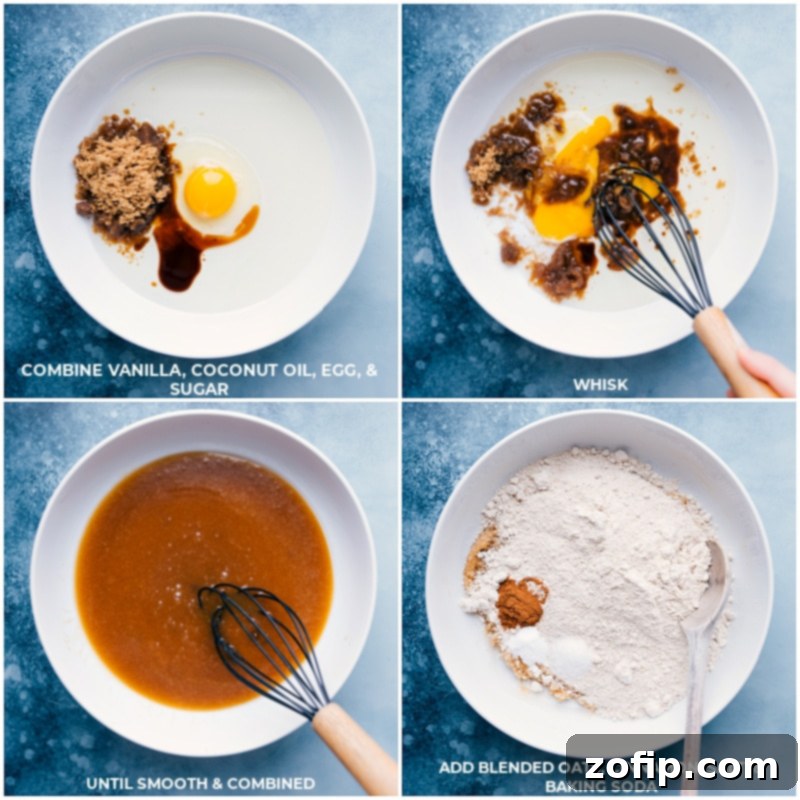 Process images showing the wet and dry ingredients being prepared and combined for these Healthy Chocolate Chip Cookies.