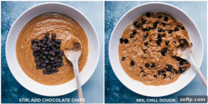 Process images showing chocolate chips being folded into the cookie dough for a delicious finish.