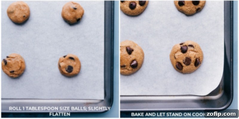 Process images showing cookie dough ready on a tray before baking, and then perfectly baked cookies fresh out of the oven.
