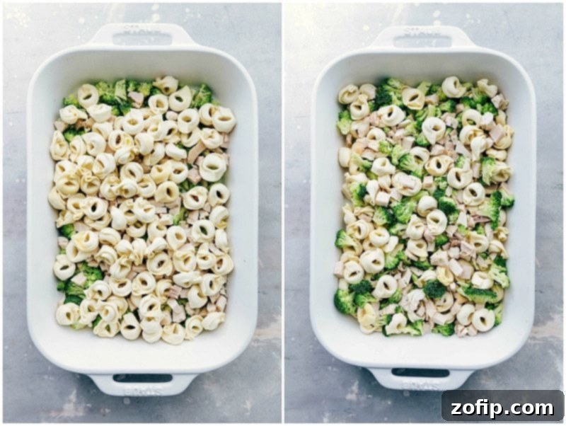 Uncooked tortellini and chicken being mixed in a baking dish, ready for the sauce.