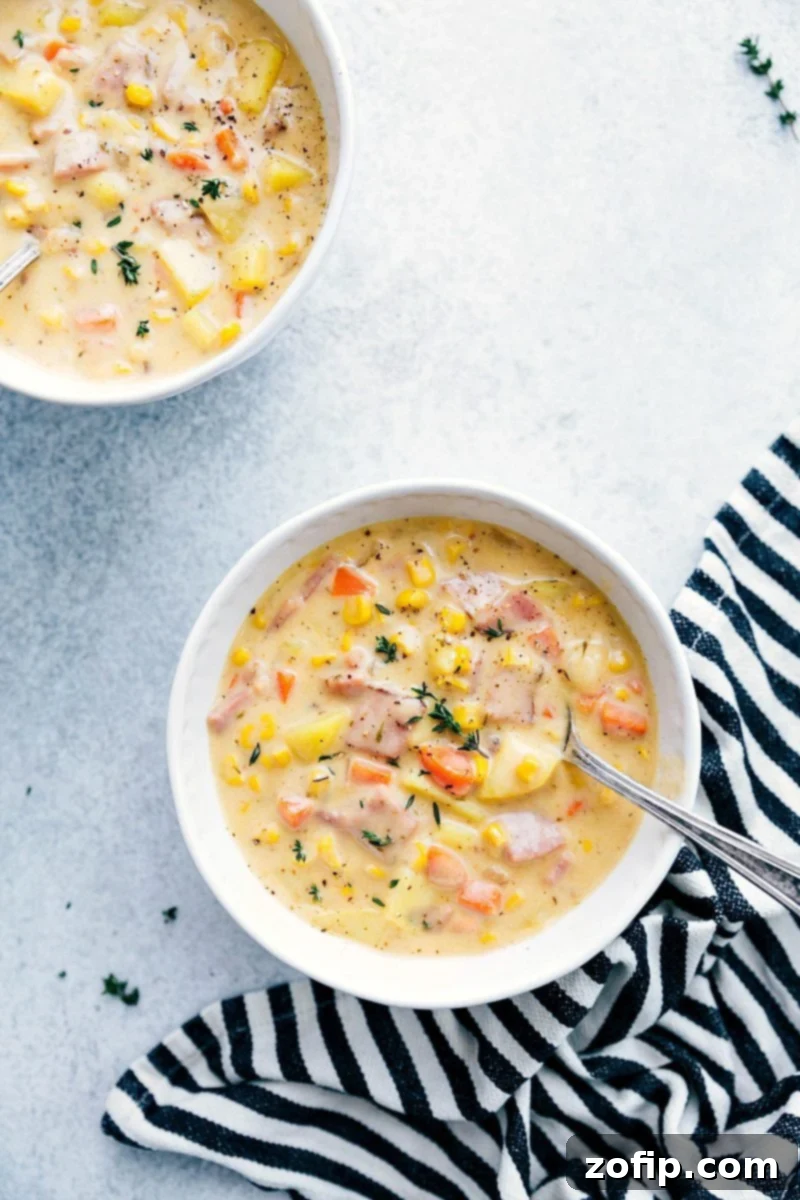 Two steaming bowls of rich, creamy ham and potato soup, garnished with fresh herbs, ready to be enjoyed.