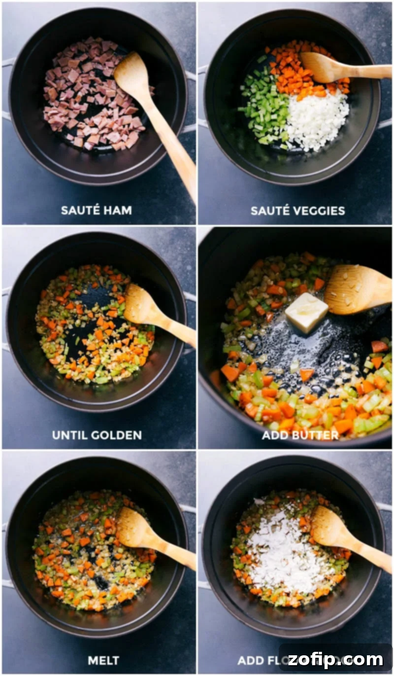 Diced ham and various vegetables like onions, carrots, and celery being sautéed in a large pot, with a separate pan showing butter and flour forming a roux.