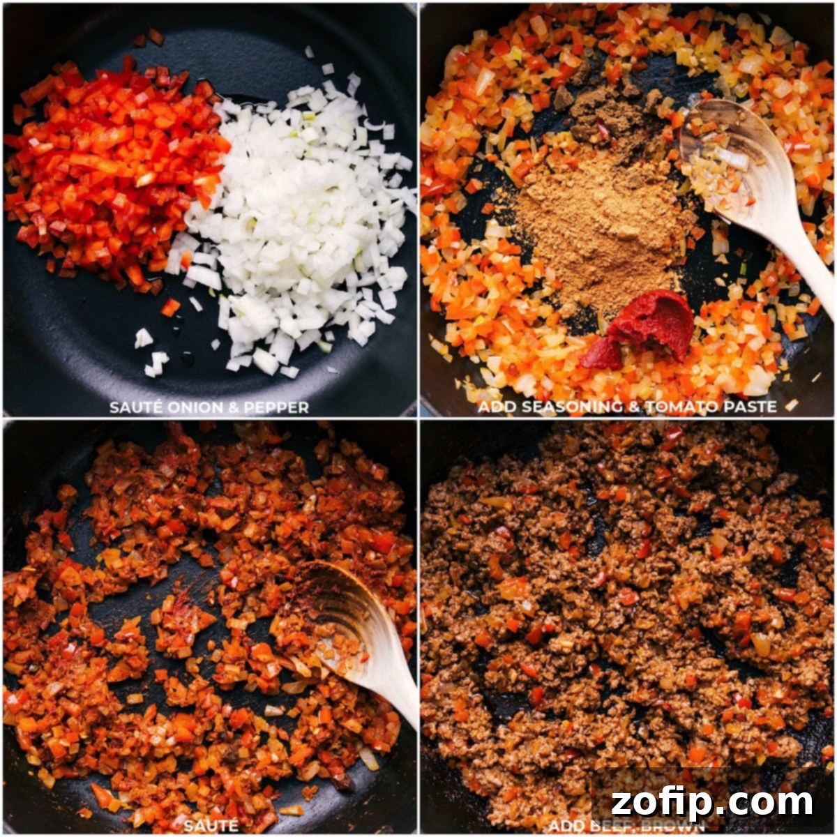 Close-up of vibrant vegetables (diced red pepper and yellow onion) being sautéed in a skillet, followed by the addition of aromatic seasonings, rich tomato paste, and lean ground beef to create the flavorful foundation for the taco meat sauce.