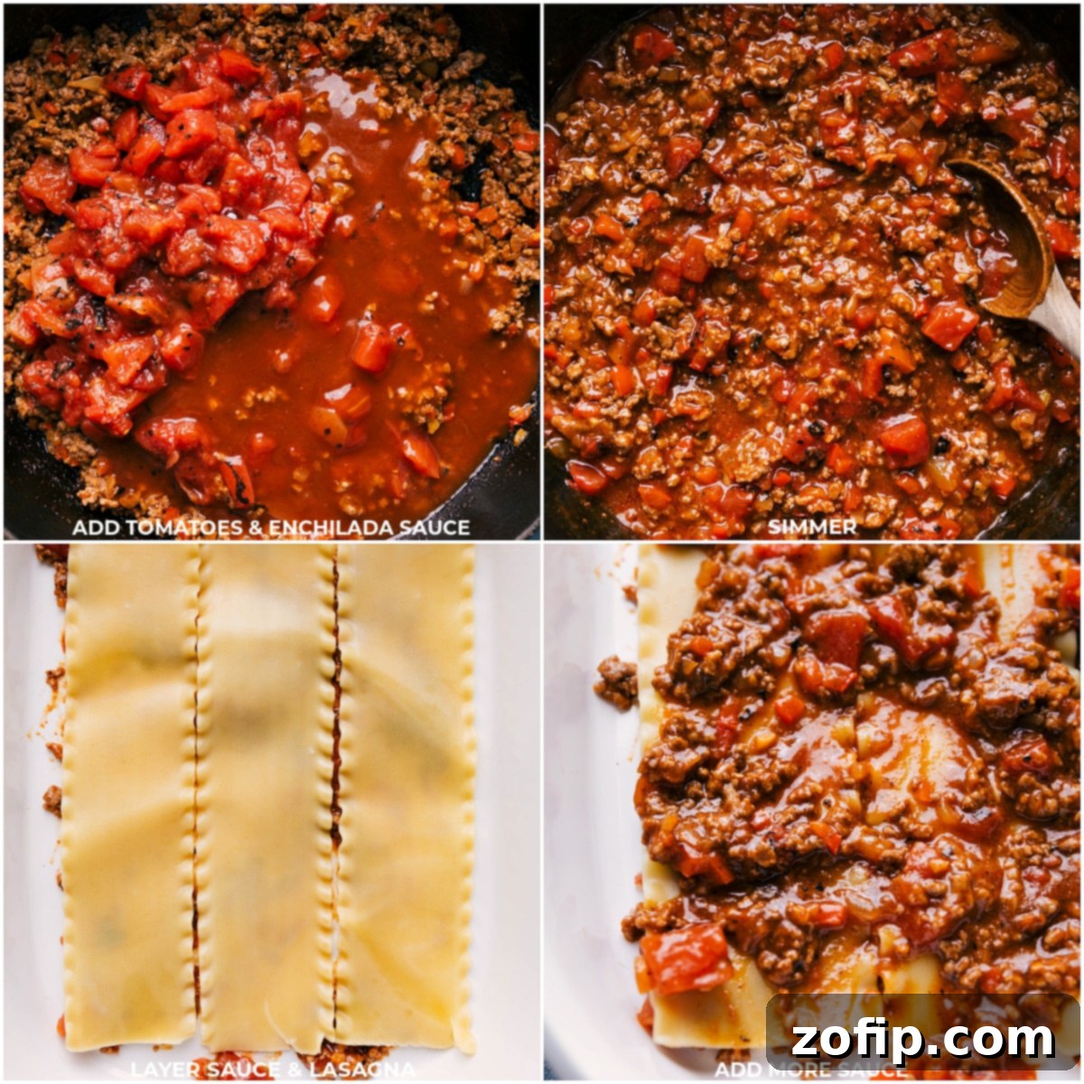 Crushed tomatoes and rich red enchilada sauce being added to a skillet containing seasoned ground beef and sautéed vegetables. The next image shows the meticulous layering of cooked lasagna noodles, the vibrant meat sauce, and creamy cheeses in a glass baking dish, ready for the oven.