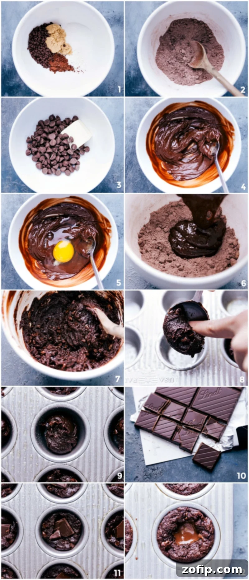 A visual guide showing the process of making brownie bites: from combining dry ingredients, melting chocolate and butter, mixing wet and dry ingredients, scooping into muffin tins, adding chocolate squares, to the final baked product.