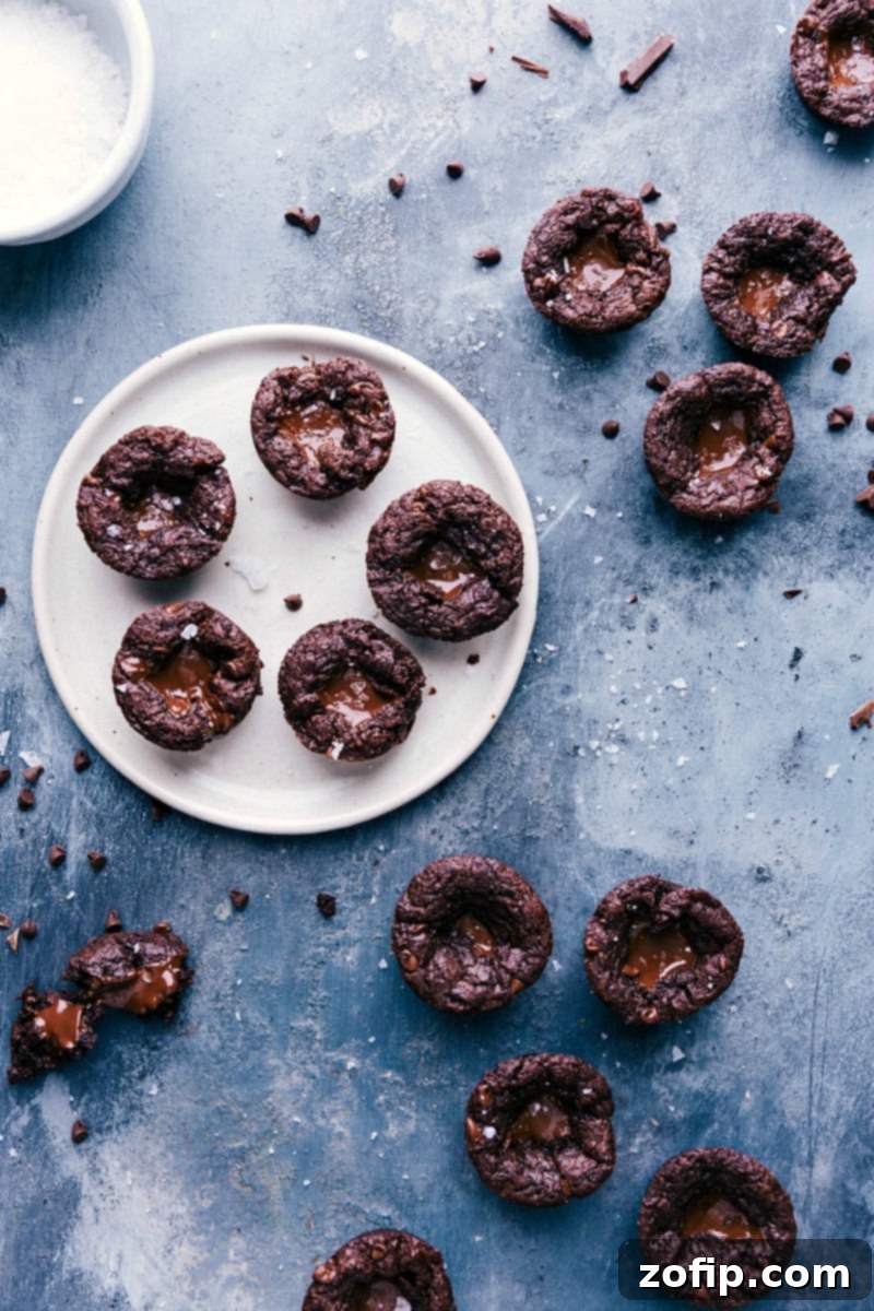 A beautifully arranged plate showcasing several freshly baked mini brownie bites, with rich, melted chocolate oozing enticingly from their centers. A perfect dessert ready to be enjoyed.