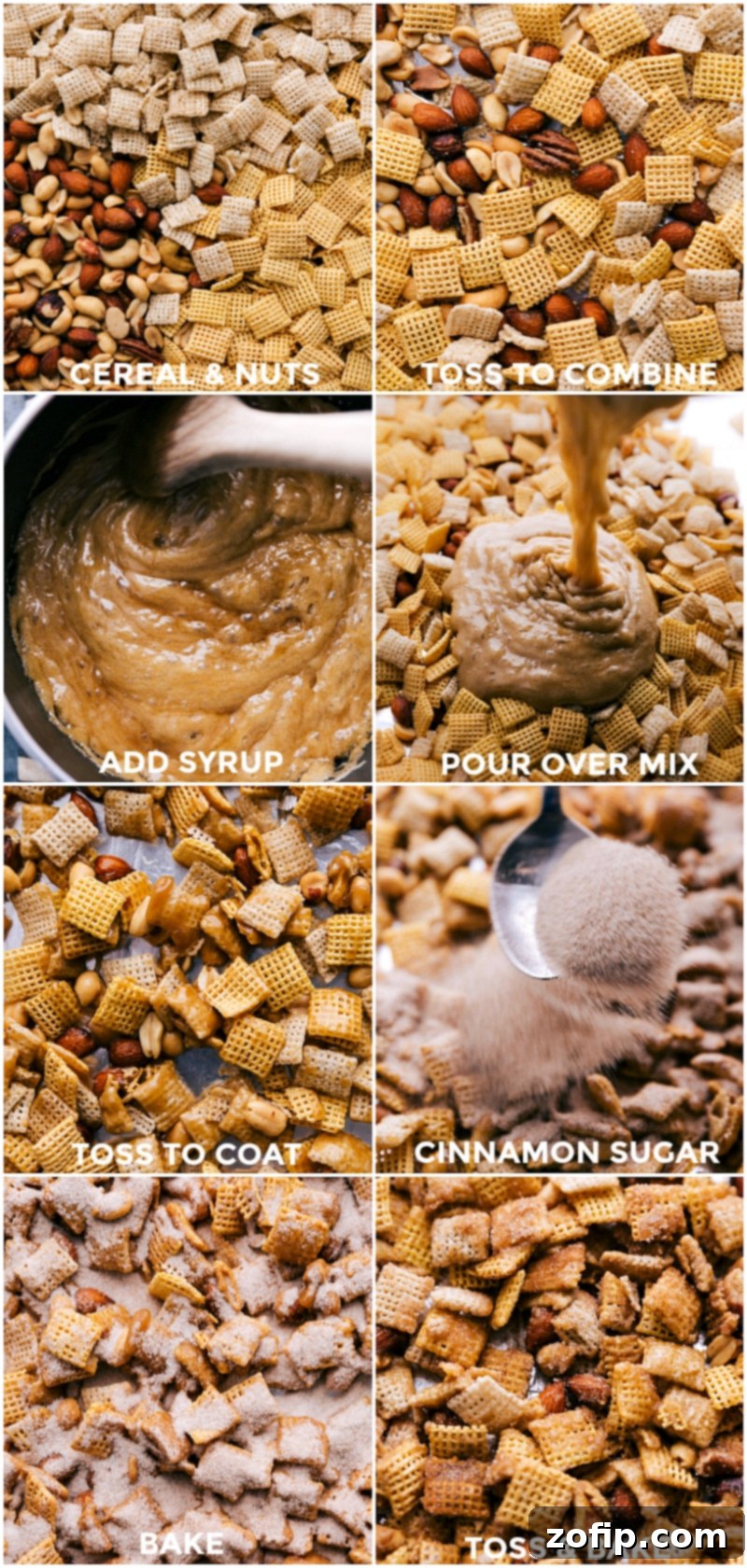Step-by-step process of making the snack mix: ingredients in a bowl, syrup being poured, mixing, sprinkling cinnamon sugar, and preparing for baking.