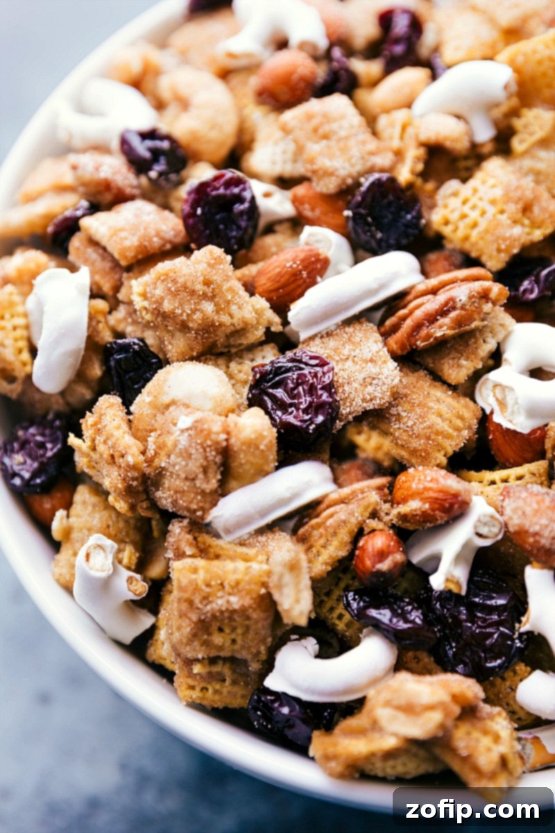 Overhead shot of the finished Dried Cherry Snack Mix in a rustic bowl, showcasing its colorful and inviting appeal, ready for serving.