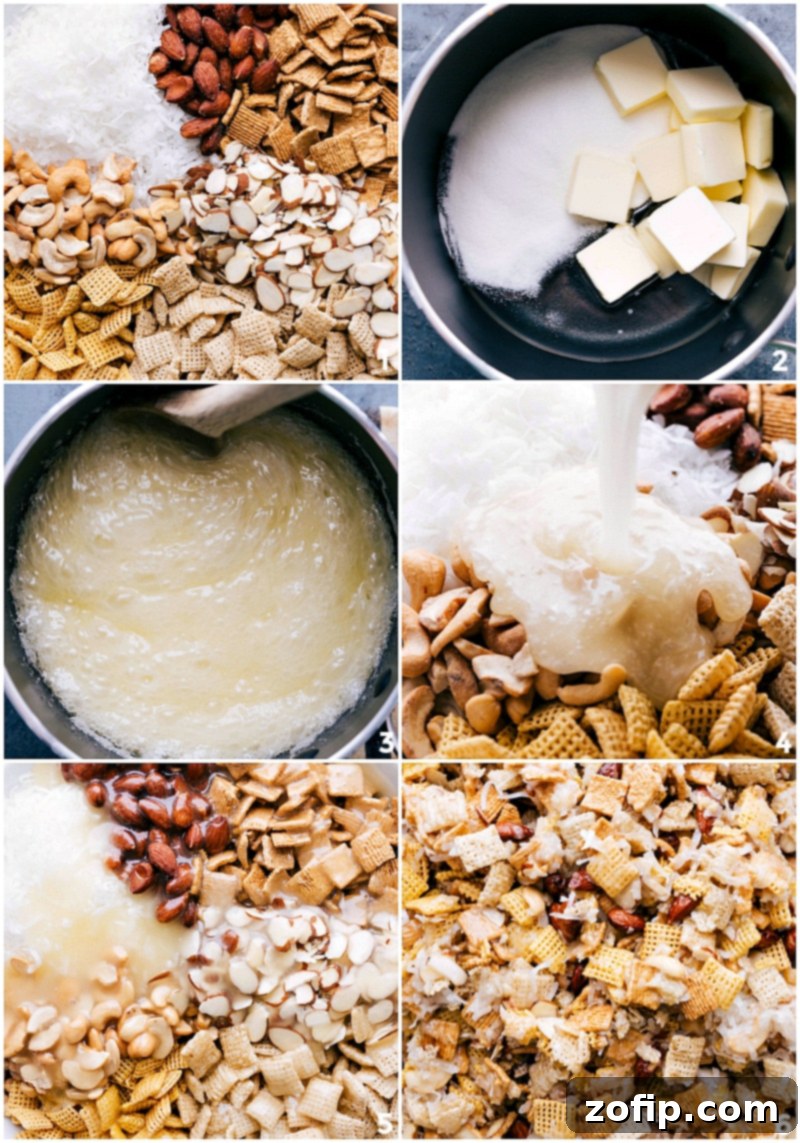 A step-by-step visual guide to preparing Sweet Chex Mix: showcasing dry ingredients in a bowl, sugar syrup being cooked in a pan, and finally, the syrup poured over the mix before thorough coating.