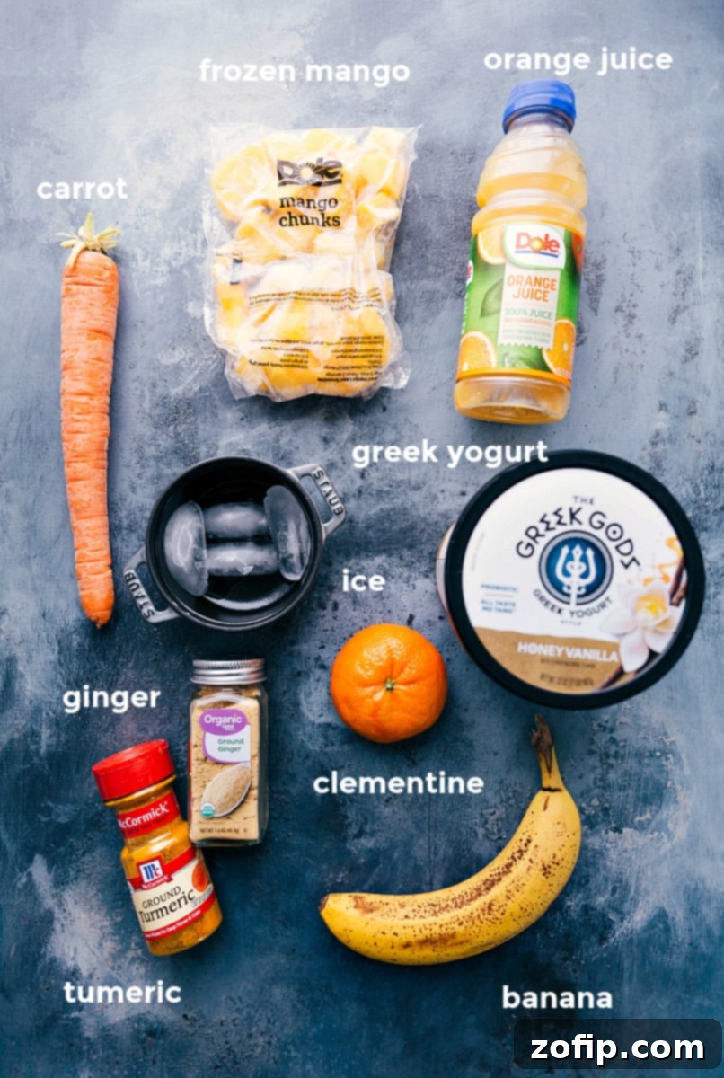 Key Components for Crafting Immune Booster Smoothie Assortment of ingredients for immune booster smoothie, featuring fruits, vegetables, and more.