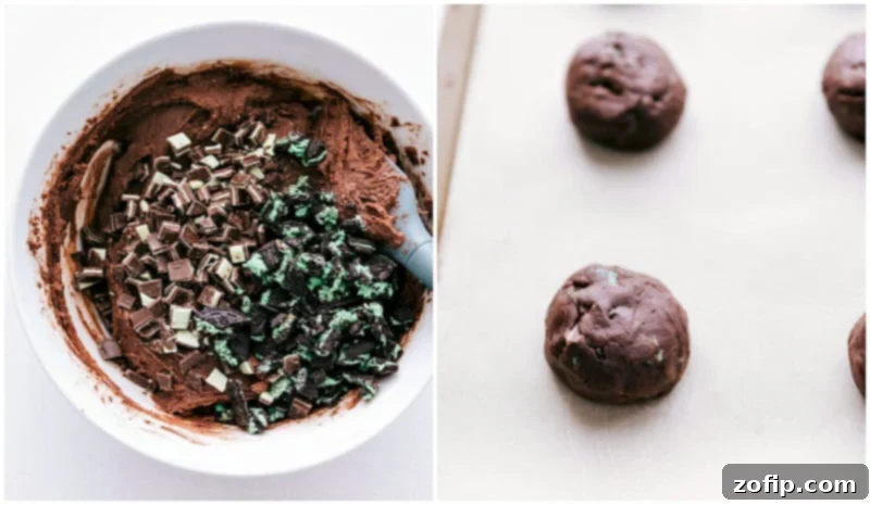 Easy and delicious mint chocolate chip cookies with Andes mints! Process shots of making the cookies: Oreos added and cookie balls being rolled