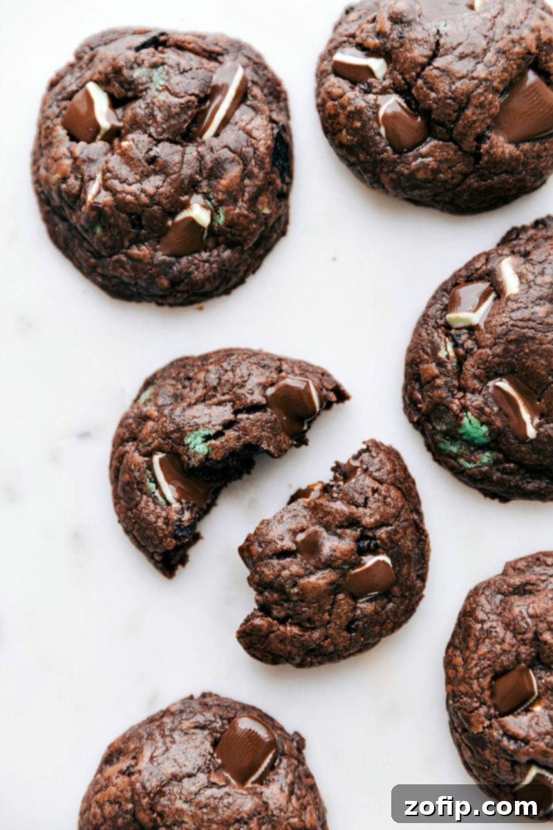 Easy and delicious Mint Chocolate Chip Cookies are bursting with flavor and so simple to make! Freshly baked Mint Chocolate Chip Cookies cooling on a rack
