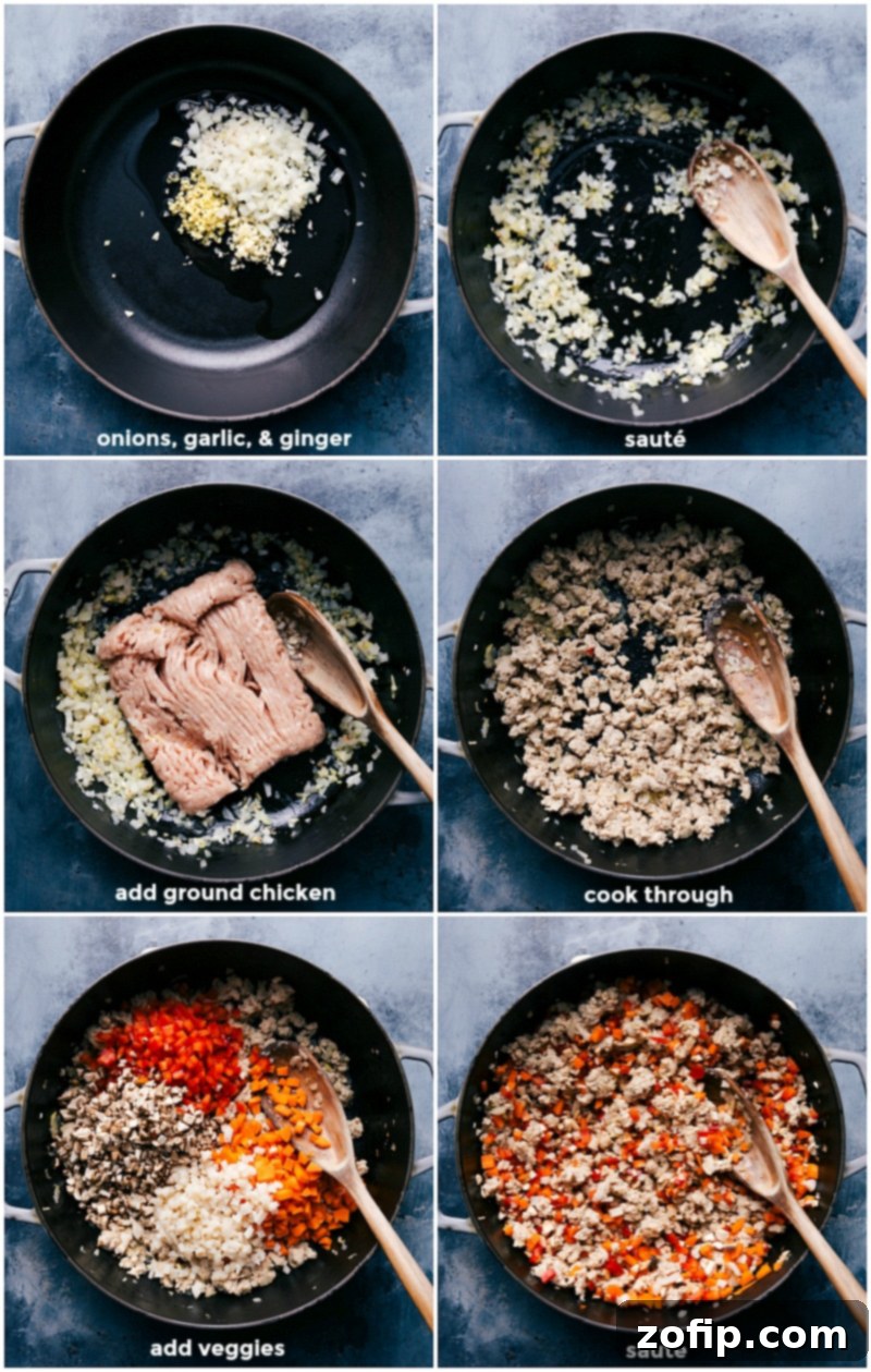 Preparing the Flavorful Filling for Chicken Lettuce Wraps Sauteeing the aromatics, browning the ground chicken, and mixing in diced veggies for the chicken lettuce wraps recipe. A step-by-step visual of the cooking process.