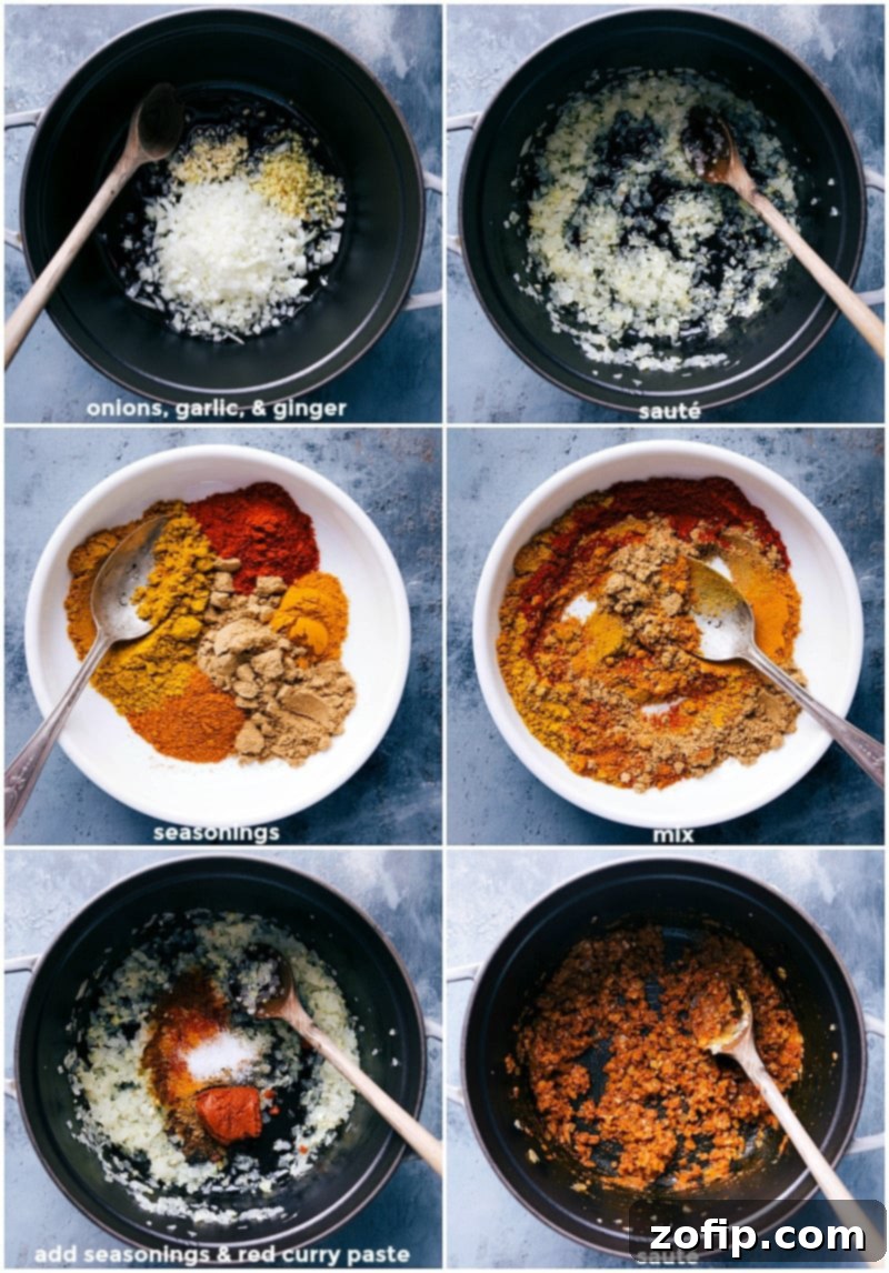 Crafting Flavorful Vegetable Curry: Aromatics, Spices, and Sizzling Delight Preparing the vegetable curry: step-by-step imagery showing the sautéing of aromatics, the blending of vibrant spices, and their addition to the pot.