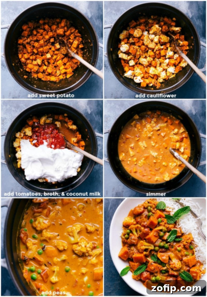 From Ingredients to Elegance: The Journey of Homemade Vegetable Curry Crafting vegetable curry: showcasing the process of adding various vegetables, simmering them in a flavorful broth and coconut milk, achieving perfect tenderness, and finally serving over a bed of fluffy rice.
