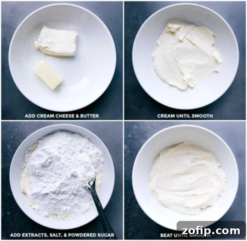 Peppermint Sugar Cookies with a creamy peppermint-flavored frosting and crushed peppermint candy on top are the perfect Christmas cookie! Recipe via chelseasmessyapron #recipe #chewy #soft #decorated #withcreamcheesefrosting #easy #christmas #frosting #best #simple #dessert #holidays #peppermint #sugar #sugarcookies #cookies The process of making peppermint cream cheese frosting: combining softened cream cheese and butter, creaming until smooth, then adding extracts, salt, and powdered sugar.