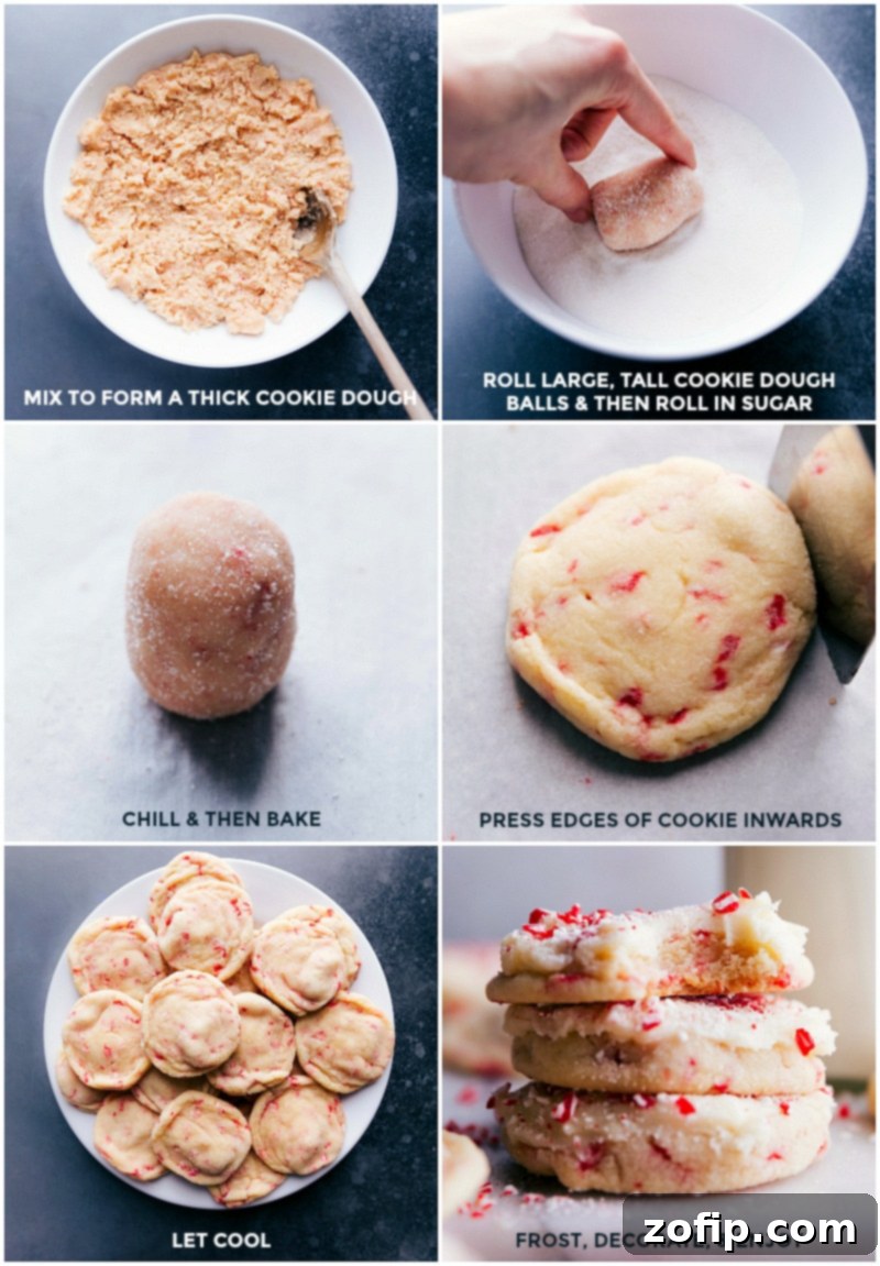 Festive Peppermint Sugar Cookies 3 Step-by-step imagery of rolling dough balls, coating them in sugar, baking them to golden perfection, and topping with delicious frosting.