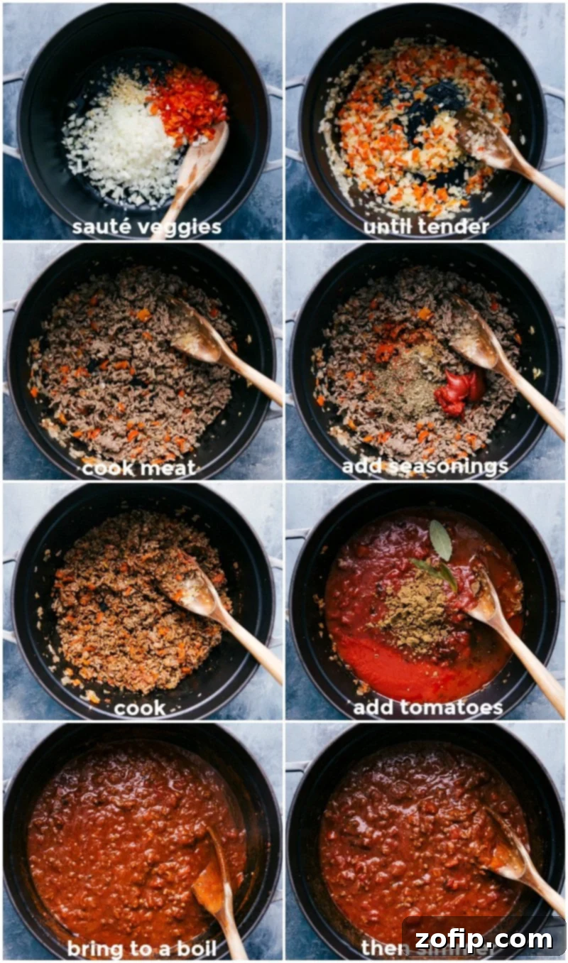 A collage showing the step-by-step process of making American Goulash: vibrant vegetables sautéing in a pot, ground beef browning with aromatics, seasonings and tomatoes being added to create the rich sauce, and the mixture simmering gently on the stovetop.