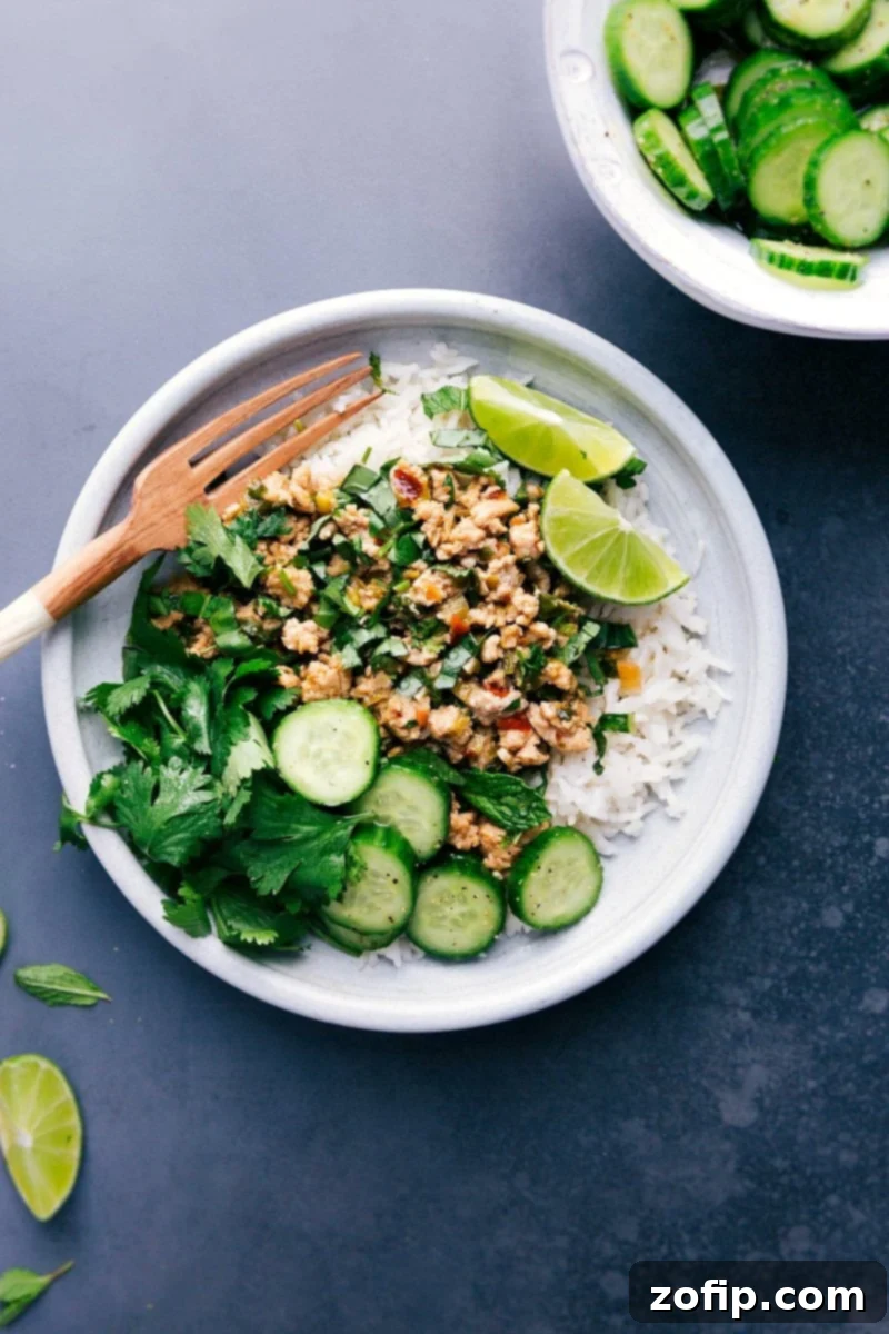 Top View of Delicious Chicken Larb with White Rice A vibrant plate of Thai Chicken Larb, perfectly seasoned, served alongside fluffy white rice.