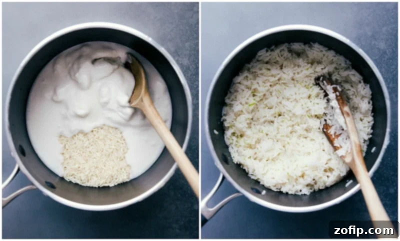 Spicy Thai Chicken Larb 2 A close-up view of sticky rice cooking gently in a pan, steaming beautifully.