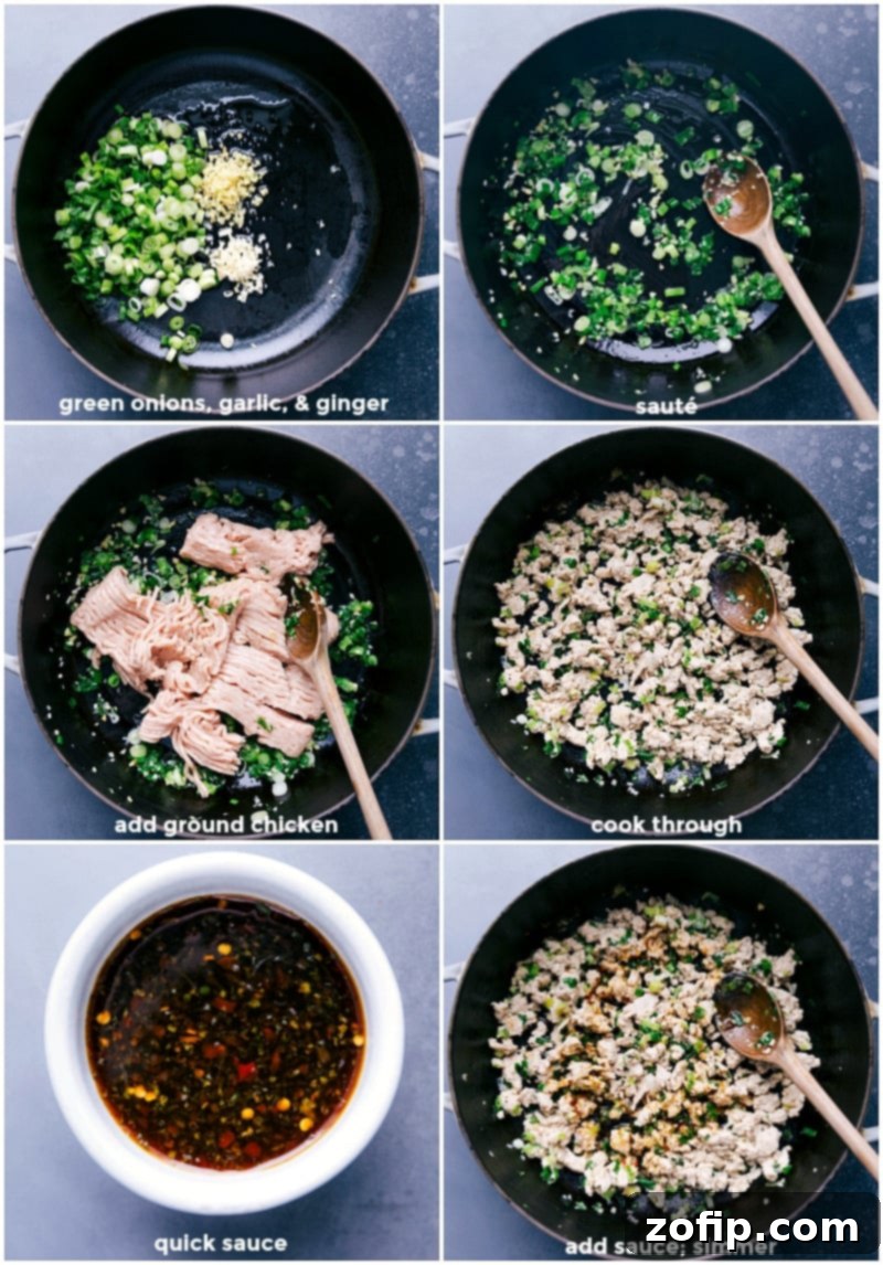 Key Steps in Making the Chicken Larb Recipe A visual guide showing the process of making chicken larb: first, browning aromatics, then cooking ground chicken, and finally adding the savory sauce.