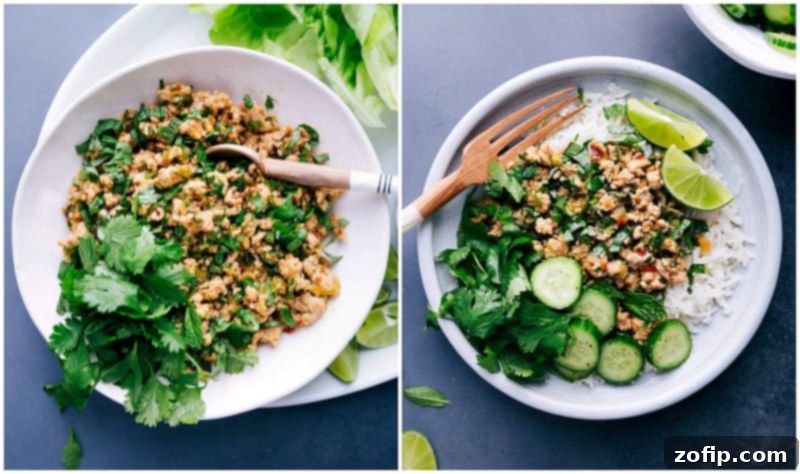 Chicken Larb Transformation: Before and After Toppings A side-by-side comparison illustrating chicken larb before and after the addition of fresh, colorful toppings, highlighting its vibrant transformation.