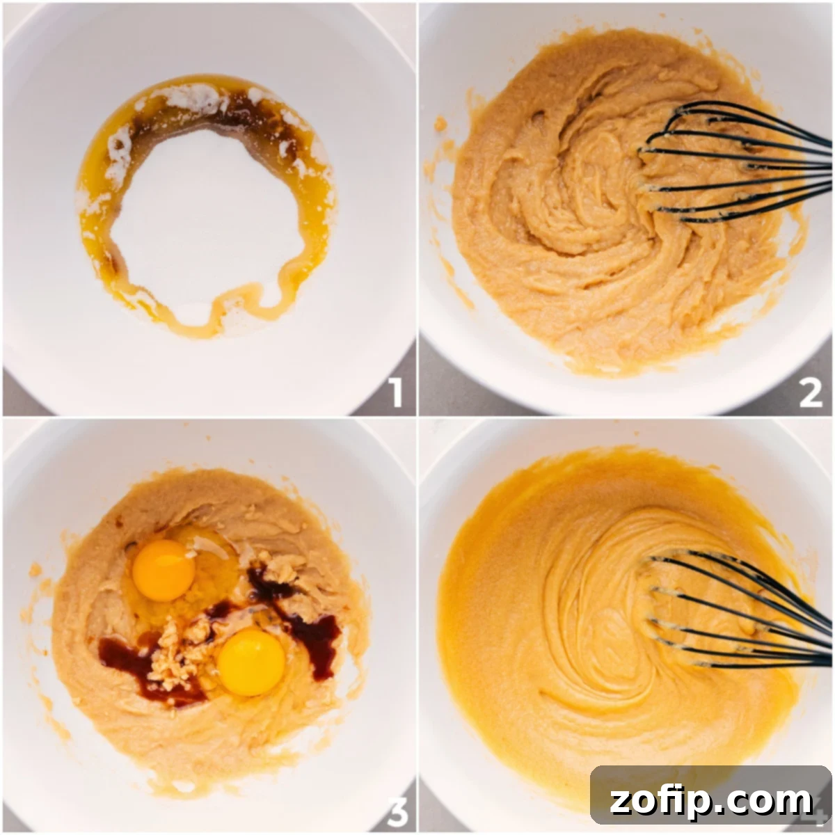 How To Make This Brownie Recipe The initial mixing stages of the brownie recipe, showing butter, sugars, and eggs being whisked together for a smooth and creamy batter.