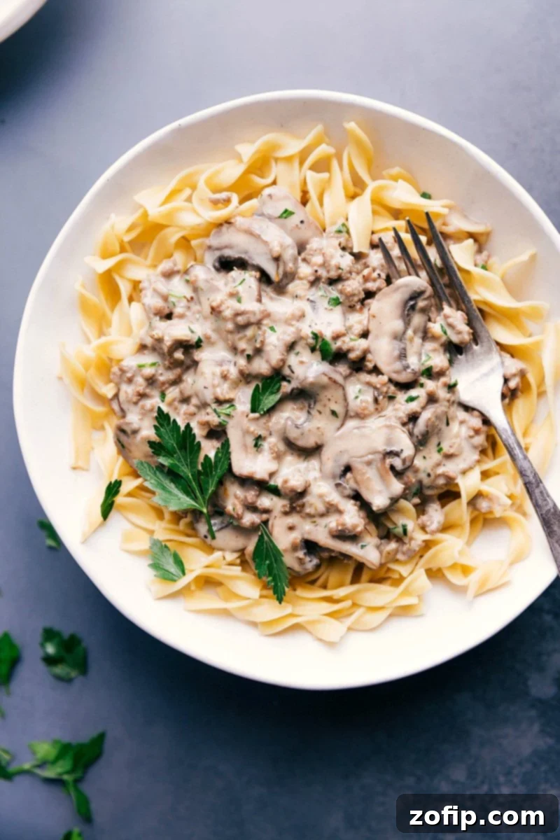 Hearty Ground Beef Stroganoff served generously over tender egg noodles, garnished with fresh parsley.