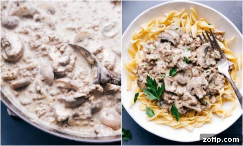 Delicious beef stroganoff with ground beef in a large cooking pan, and then beautifully portioned over a bed of egg noodles, garnished with fresh green parsley for a vibrant touch.