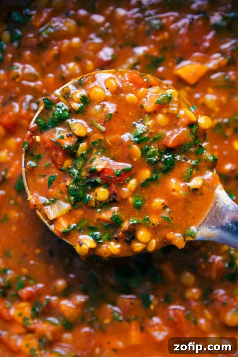 A ladle containing a generous scoop of steaming lentil soup, ready to be served in a rustic bowl.