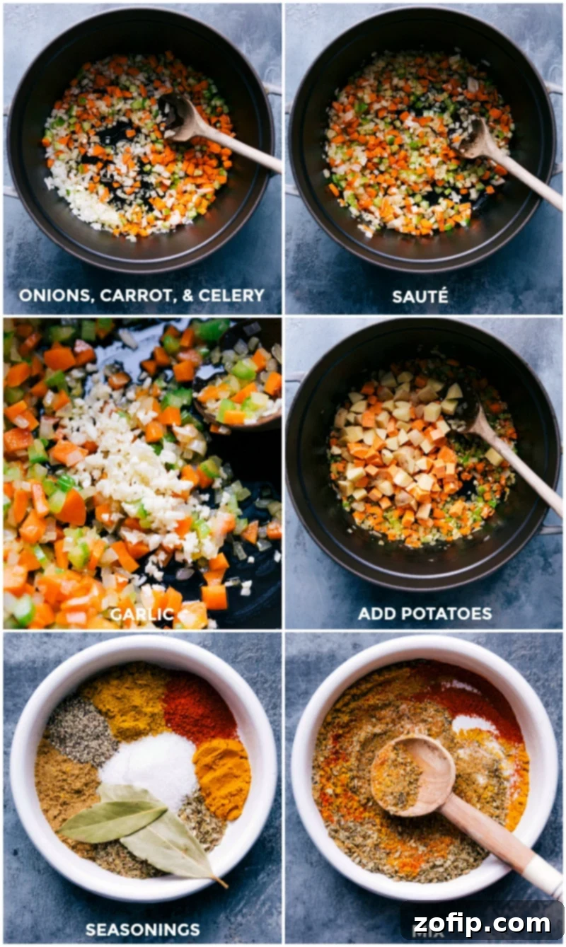 The cooking of aromatic vegetables and the preparation of seasonings for a flavorful lentil soup recipe.